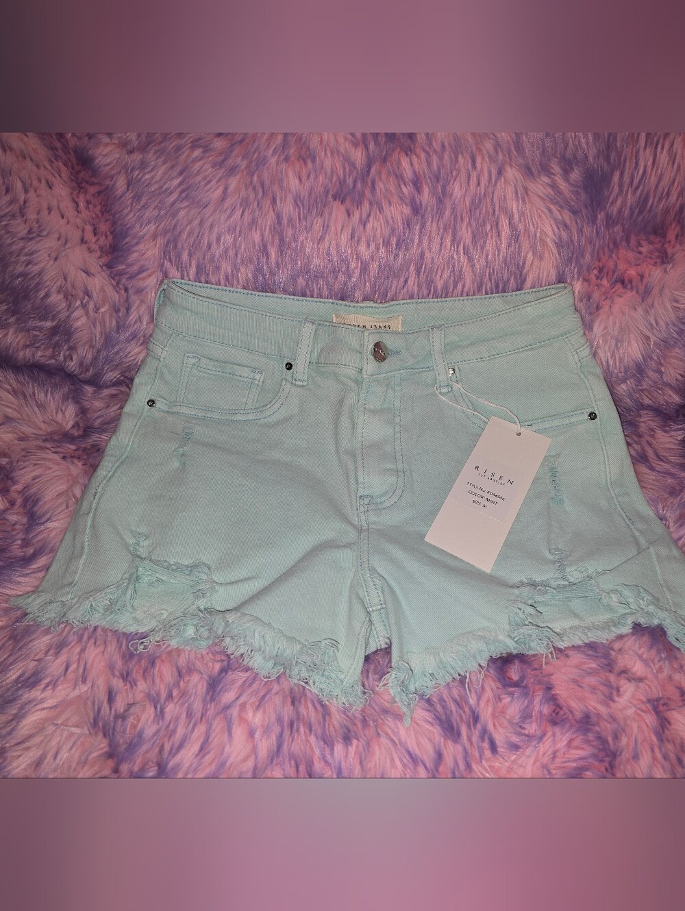 Risen Light Mint Distressed Denim Shorts